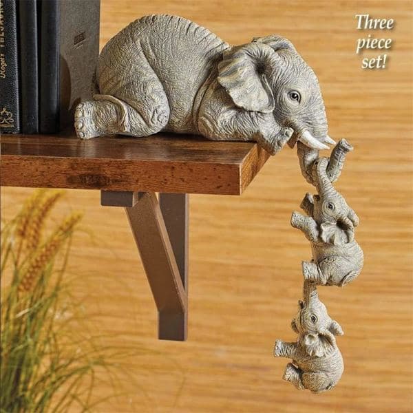 3-pack Elefant Hyllfigurer, Mammaelefant med Hängande Bebisar, Spiselkransdekor, Elefantstaty Figurer i Resin