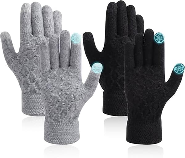 Vinter Touchscreen Handsker, Fleeceforet Akrylstrik, Unisex Til Løb, Cykling Og Kørsel, 2 Par, Sort Og Grå, 23 X 11 Cm