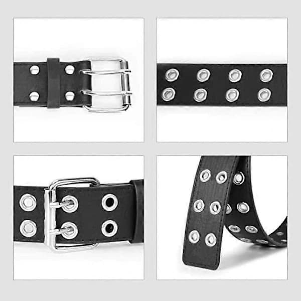 Dobbelt Øje Bælte PU Læder Punk Bælte til Kvinder Mænd Jeans 2 Huls Bælter 1.5 Brede (Sort)