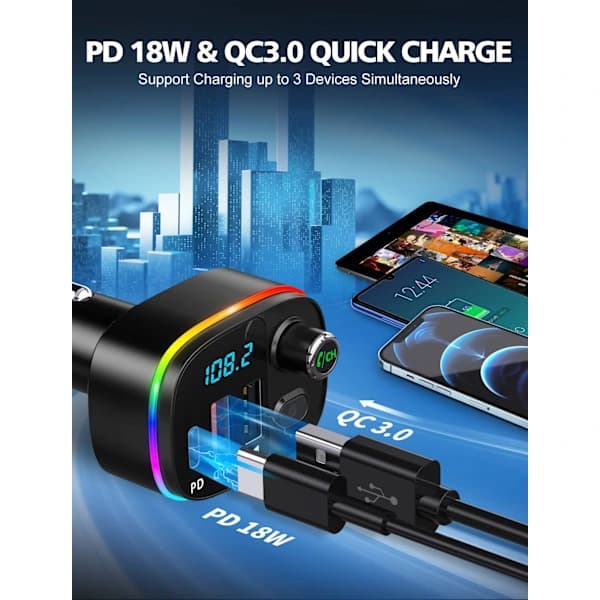 Bluetooth 5.3 Biladapter, QC3.0 & PD 18W USB C Billader, 9 RGB Bakgrunnsbelyst Bluetooth Mottaker for Bil