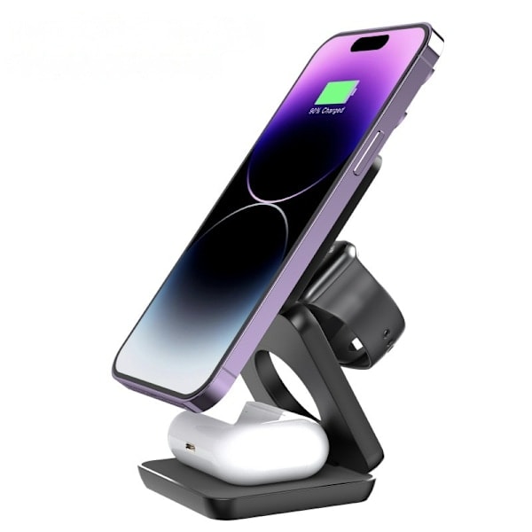 3-i-1 Magnetisk Trådlös Laddningsställ Vikbart Mobiltelefonställ Trådlös Snabbladdning för Apple Trådlös Laddningshållare Svart