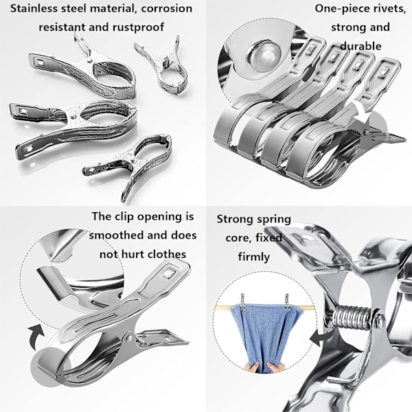 10-pack klämmor i rostfritt stål för handdukar, strandhanddukar, kläder, täcken, tunga kläder, vindtäta klämmor (silver)