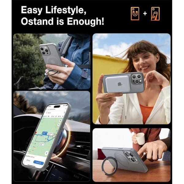 iPhone 16-fodral, robust skydd med roterande magnetisk ringhållare - grå Transparent