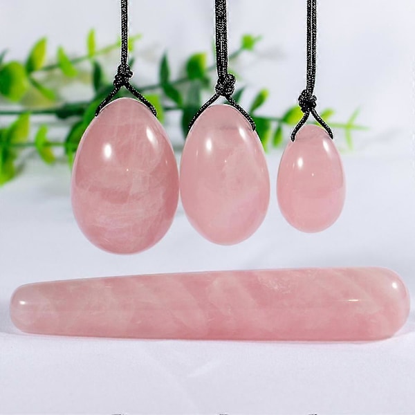 CASA 1 Set Naturlig Rosa Rosenkvarts Yoni Jade Ägg Helande Kristall Massage Stick Sten Kvinnor Kegel Tränare Reiki Helande Ädelsten Pink Crystal Egg Set