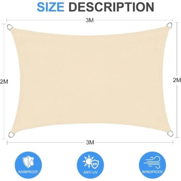 Vattentät rektangulär solsegel 2 x 3 m, 95% skuggtyg, UV-skydd för uteplats, trädgård, balkong, beige.ca