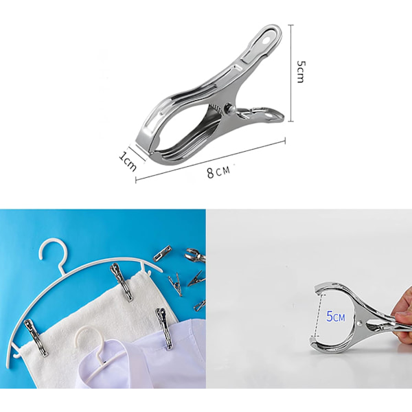 10-pack klämmor i rostfritt stål för handdukar, strandhanddukar, kläder, täcken, tunga kläder, vindtäta klämmor (silver)