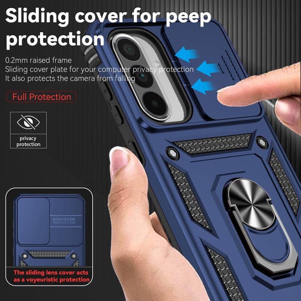 Samsung Galaxy A56 5G Telefoncover, Robust PC Stødsikker Rustning Med Skydende Kameradæksel, 360° Ringstativ, Blå