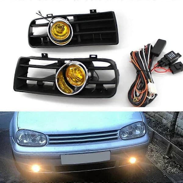 Front Støtfanger Grill Gul Tåkelys for -Mk4 Golf 1998-2004 med LED Tåkelys Dagslys