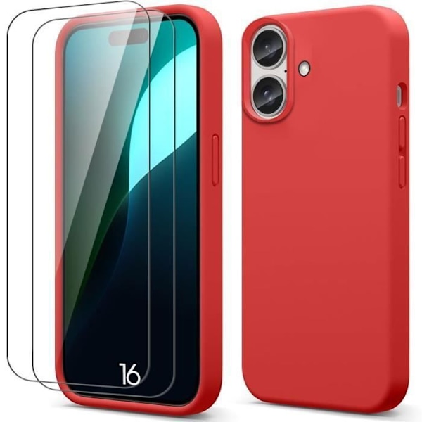 iPhone 16-fodral - Mjukt silikonskydd, tunt, lätt, reptåligt - Röd + 2 st härdat glas Transparent