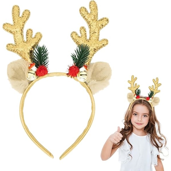 Julehatt med Reinsdyrhorn Hodebånd Paljetter Jul Hårbånd Søte Jule Hårbånd med Ører Julehatt Topper Kostyme Hodeplagg Gold