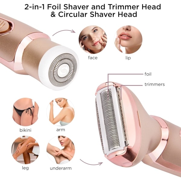 Elektrisk barbermaskin for kvinner, smertefri 2-i-1 damebarbermaskin og hårtrimmer for ansikt, øyenbryn, bart, skjegg, arm, ben, armhule, bikini, trådløs...