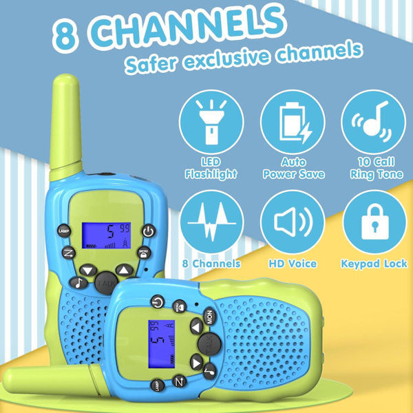 Walkie Talkie for Barn, 8 Kanaler 2-Veisradio med VOX-Funksjon & LED-Lommelykt, 3 km Rekkevidde for Utendørseventyr, Camping (Blå-Grønn)