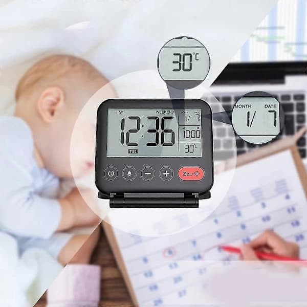 [CA] Fällbar Digital Reseväckarklocka Fällbar Sängklocka Med Snooze-funktion Svart