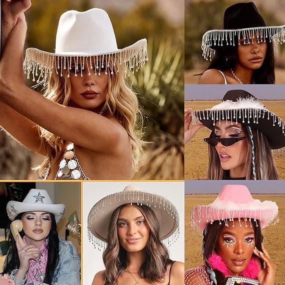 Glitrende cowboyhat til damer, bred skygge, rhinsten, kvaster, stor westernhat til cowgirls, til klubfester