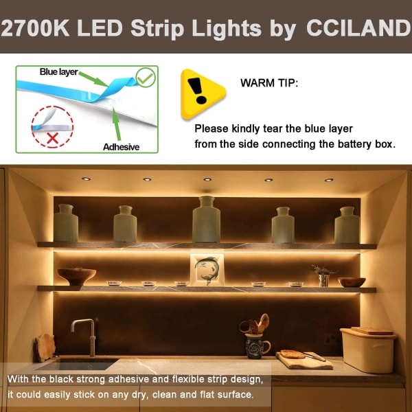 3m batteridrevne LED-striper med fjernkontroll, 90 LED-lamper stripe vanntett, 8 moduser, dimbar, timer, selvklebende, kan klippes (varmhvit) (ca.)