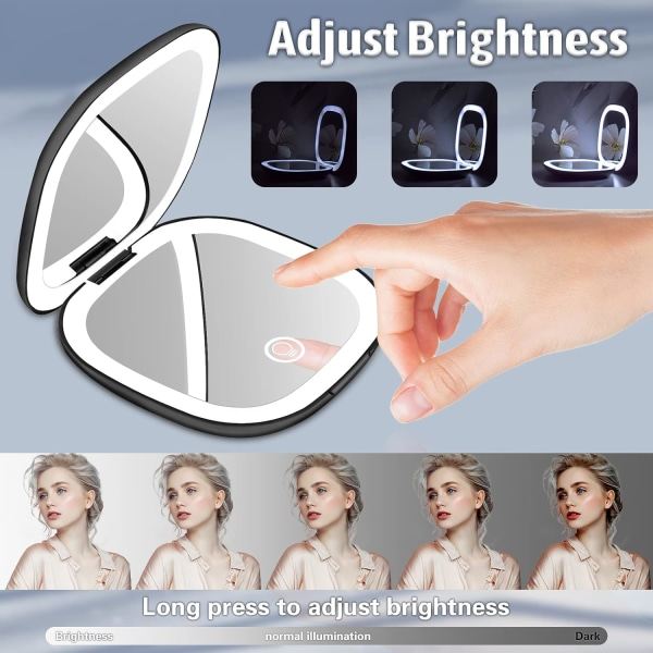 Kompakt spegel med 1X / 10X forstørrelse, bærbar lommespejl, makeup spejl med 2-sidet LED-lys, USB-C opladbar rejsespejl (sort)
