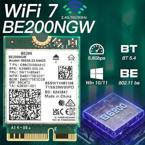 CASA WIFI 7 BE200 BE200NGW WiFi Kort+2 stk. Antenne BT 5.4 802.11AX Tri-Band M.2 NGFF Trådløst Netværks Ada