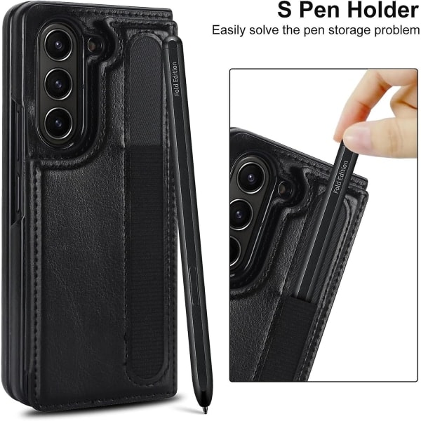 Z Fold 5 Etui, PU Lær Lommebokveske Kompatibel med Samsung Galaxy Z Fold 5 Med S Pen Holder, Kortlommer & Stativ Svart For Galaxy Z Fold 5