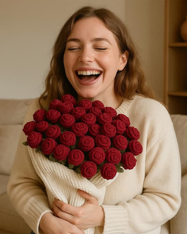 Rosenbuket Tæppe Håndstrikket Blødt Åndbart Plaid til Sofa Seng Stol Valentinsgave til Kvinder Rød 80 cm