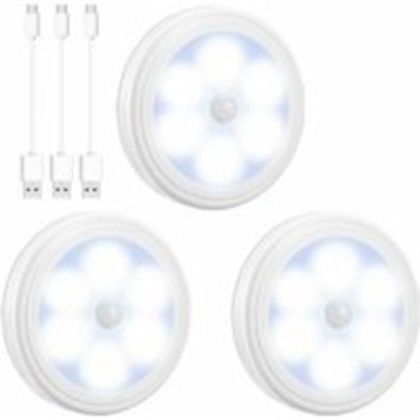 Rörelsesensorlampa, garderobslampa, USB-uppladdningsbar LED-nattlampa, 6 LED-trapplampa för garderob/hylla/hall/garage/kök/gång (3-pack, vit) (CA)