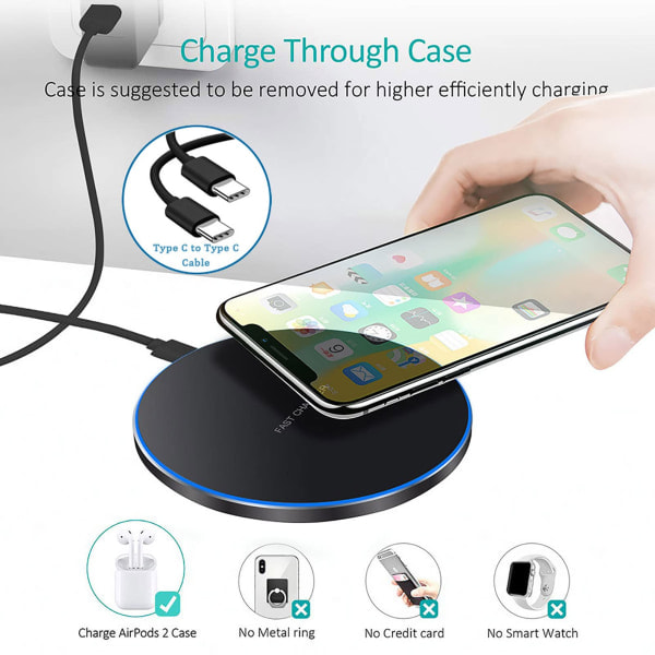 CASA Trådlös laddare 20W tunn, kompatibel med iPhone 14 12 13 (Pro, Promax, mini)/11/SE/XS/XR, Samsung Galaxy S22/S21/S20/S10/Note 20, Air Pods Pro
