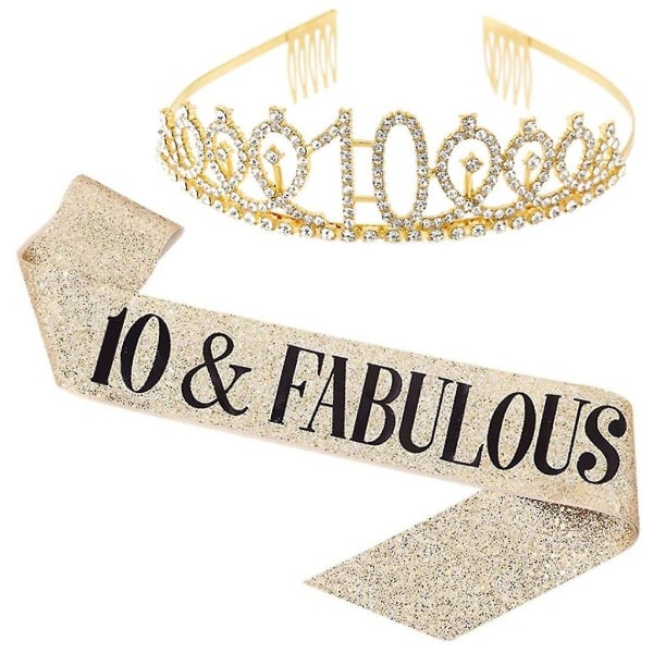 Kvinde Glitter Rhinestone Brev Trykt Sash Tiara Sæt Fødselsdag Guld 40 År Gammel Golden 40 Years Old