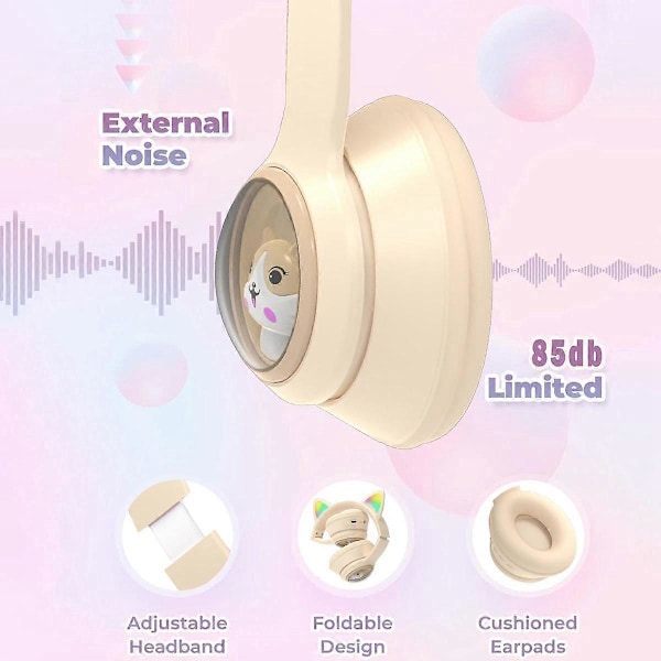 CASA Barne Bluetooth Hodetelefoner, Sammenleggbare Trådløse Hodetelefoner med LED-lys, Katteøre Gaming Headset