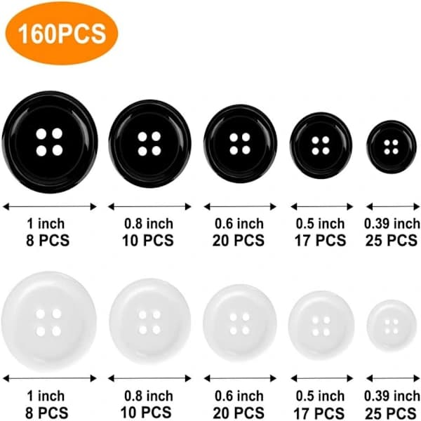 160 stk Knapper Sorte Knapper Store Hvide Knapper
