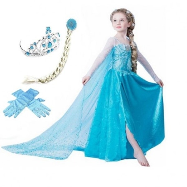 Elsa Prinsessklänning + Tiara/Fläta/Handskar - WELLNGS 120 cm