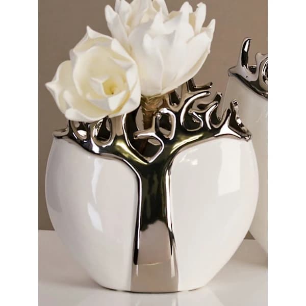 [CA] Oval keramisk vase med metalltre-design - Hvit/Sølv (21x9 cm) BY