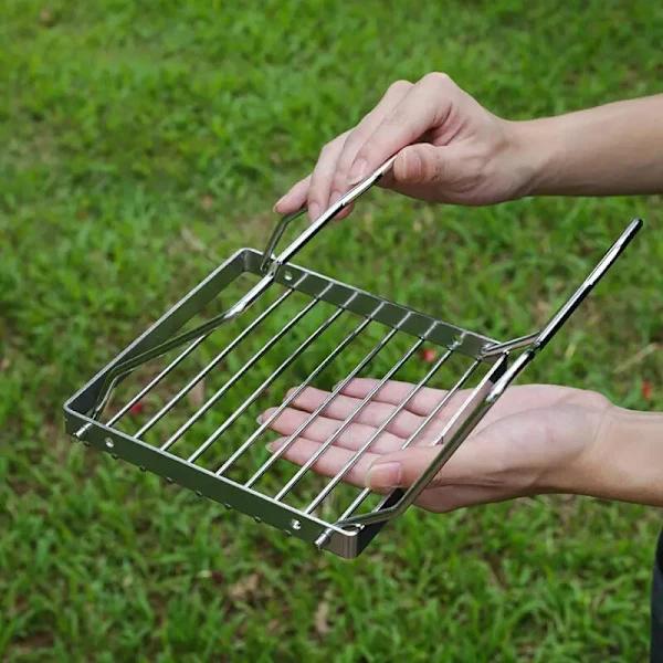Bærbart udendørs kulgrillstativ med justerbart foldbart rustfrit stålnet til picnic og udendørs madlavning sølv