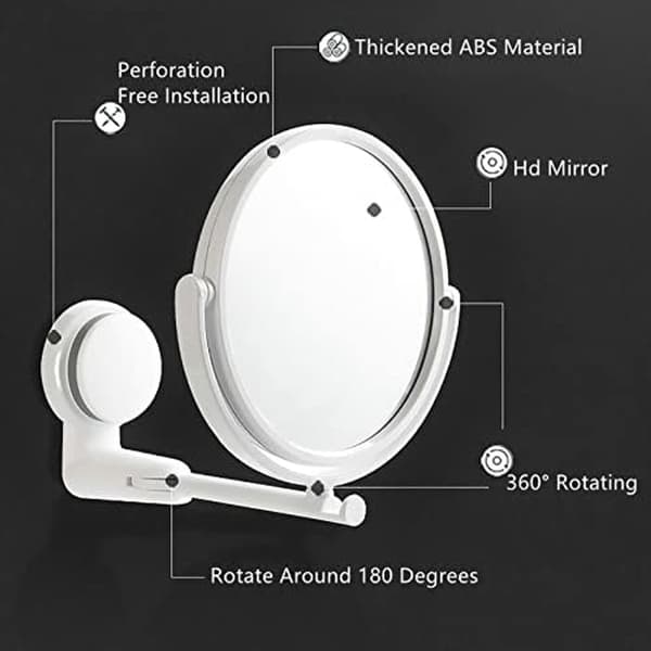 Dobbeltsidet makeup-spejl, ABS og PVC, 360° roterende foldbart design, borefri sugekopmontering til badeværelser, hvid