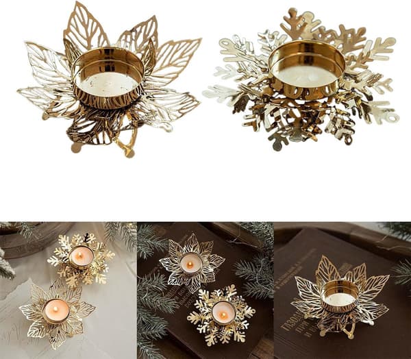 Gullfargede julelysestaker, smijernsdesign med snøfnugg og blader, sett med 2 for festlig borddekor og gaver