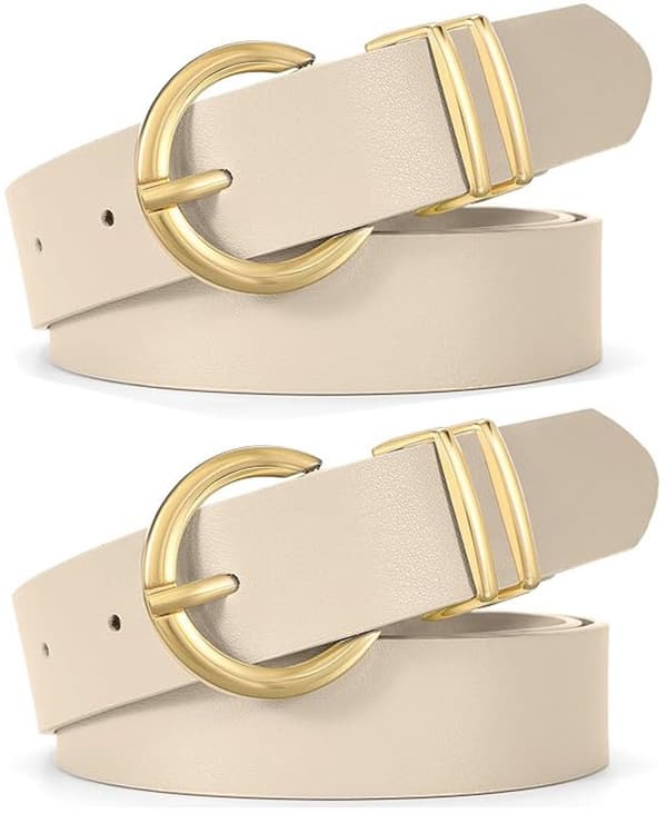 Damebælte sæt med 2, justerbart PU-læderbælte med guldbælte, til jeans, kjoler og bukser, beige, 116 cm