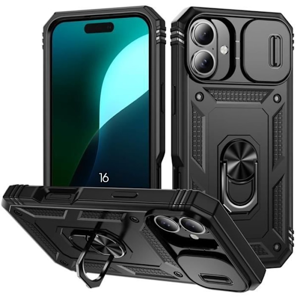 iPhone 16-fodral - Ultratåligt skydd med stativ och skjutbart kameraskydd - Svart