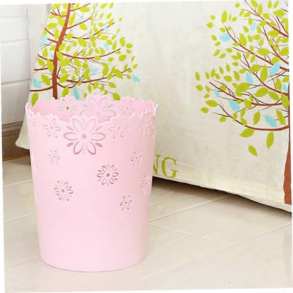Round Plastic Waste Bin, Hollow, Lace, for Office. (1-pack Pink)