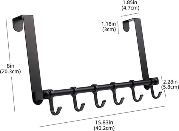 Dørkrokstativ, solid aluminiumslegering 6-kroks organisator for håndklær, klær, bad, svart, 40,2 x 20,3 cm