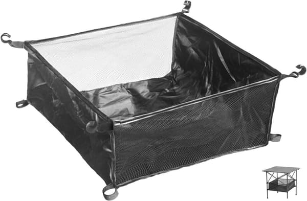 Opbevaringspose under bord, foldbar netorganizer med robust ramme, til camping, picnic og udendørs borde, sort, 40 × 38 × 13 cm