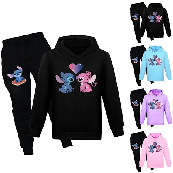 Barn Lilo & Stitch Hoodie Genser og Bukser Sett Gutter Jenter Casual Hettegenser Treningssett Lyseblå-Xin Lyseblå 160cm