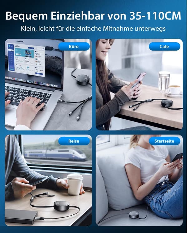 Typ-C 3-i-1 infällbar laddningskabel, CAFELE PD snabbladdning och data (Typ C) USB C multiladdningskabel, Typ C/Mobil/Micro Multi USB C-kabel