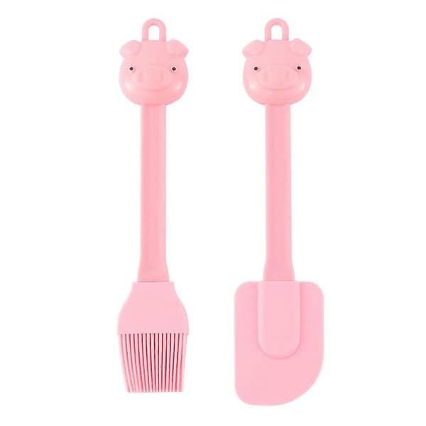 1 Set 2 st Tecknad Grisform Silikonskrapa Borste Barn Bakverktyg Tillbehör (Rosa)