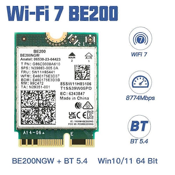 CASA WIFI 7 BE200 BE200NGW WiFi Kort+2 stk. Antenne BT 5.4 802.11AX Tri-Band M.2 NGFF Trådløst Netværks Ada