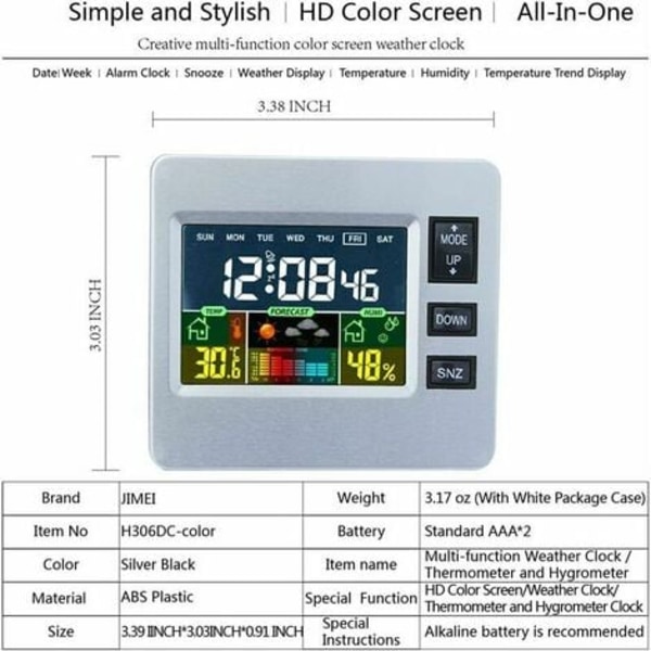 Trådlös digital väderstation med LCD-färgskärm för väderprognoser med inomhussensor, temperatur och luftfuktighet.ca