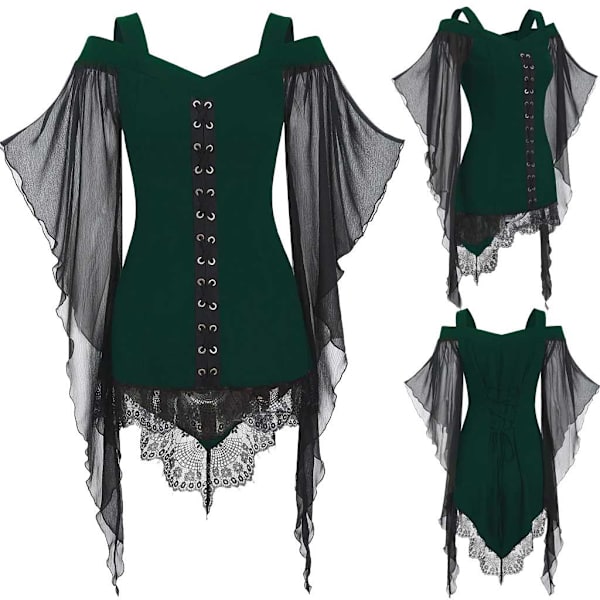 Kvinner Gotisk Kryss Kors Blonder Innsats Erme T-skjorte Plus Size Topper Green M