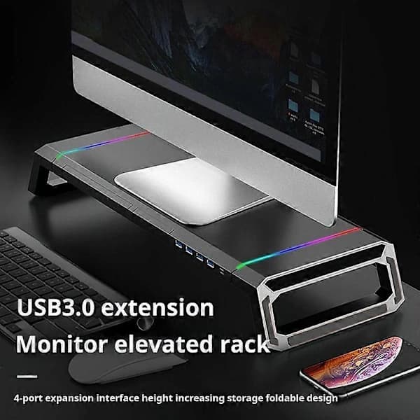 Farveskiftende LED-lamper Ergonomisk arbejdsstation Computer RGB-skærmstativ Riser Stærk bæreevne til bærbar computer Sort