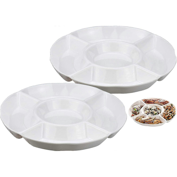 2-pack Snack Plate, 5-Compartment Plastic Plate for Fruit Snacks or Candy - 25 x 3 cm, White