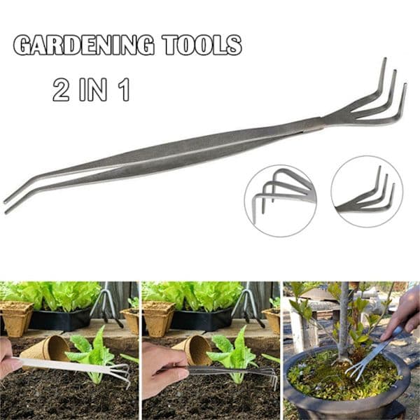 2 i 1 Bonsai rodbørste i rustfrit stål, havepincet, haveredskab