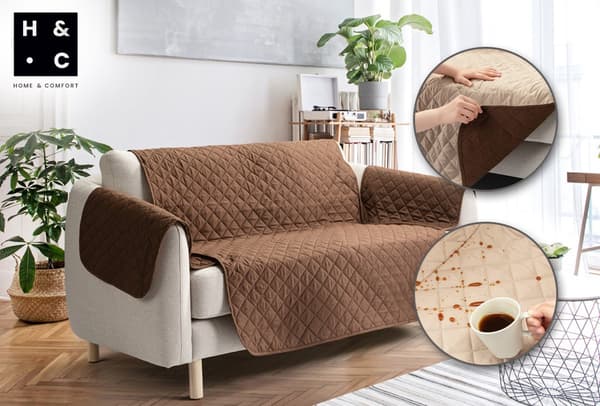 Vattenavvisande vändbart sofföverdrag för 3-sits soffa, quiltat möbelskydd för husdjur och barn, maskintvättbart, brun/beige