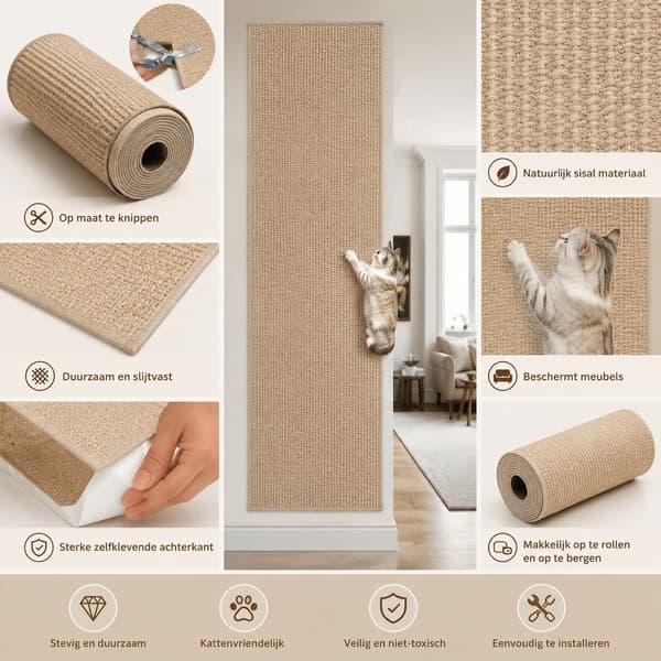 Kattekløsmåtte, selvklæbende slidstærk fnugfri tæpperulle til sofa- og vægbeskyttelse, 40 x 300 cm, khaki