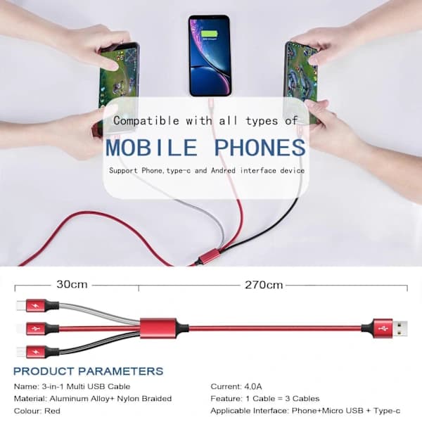 2025 Senaste Modell Multi Laddningskabel 3m 2-pack Multi Snabbladdningskabel Flätad Universell 3 i 1 Multi Laddningssladd Lång Multi USB-kabel